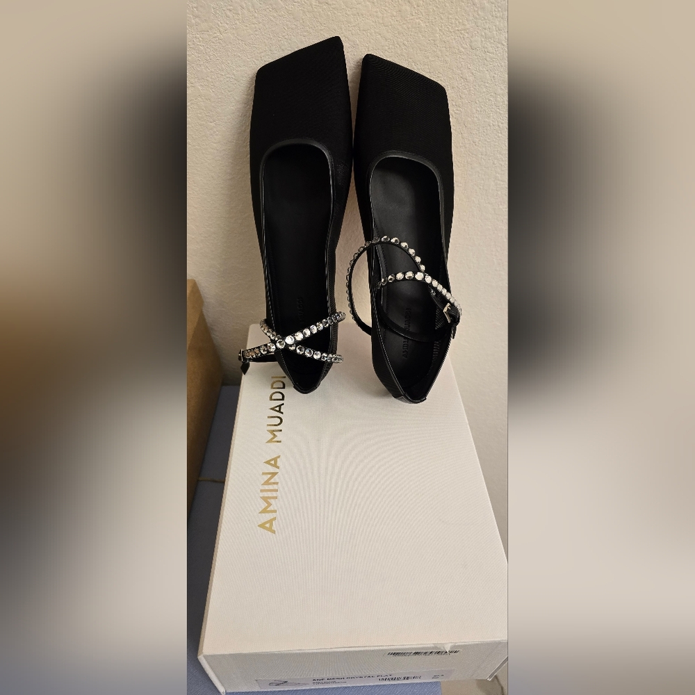 Amina Muaddi Black flats with Crystal Straps